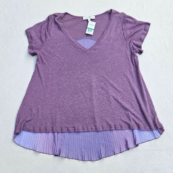 Penelope Rose Purple Garnet Pleated Ombre Back V-neck Short Sleeve Top - Picture 4 of 12